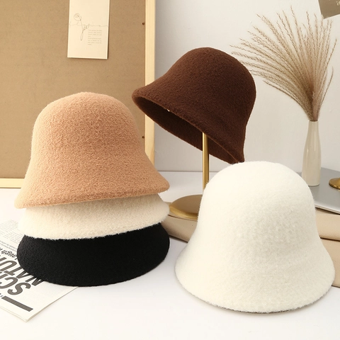 Women Bucket Hat Knitted Winter Warm Cloche Hat Soft Solid Color Fisherman Cap Korean Style Autumn Outdoor Accessory