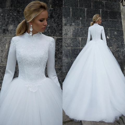 Elegante Trouwjurk Wit Hoge Hals Lange Mouwen Kant Borduurwerk Meerlaagse Organza Baljurk Bruidsjurk