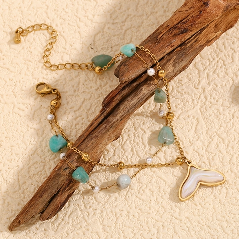 Double Layer Anklet Stainless Steel 18K Gold Plated Natural Stone Artificial Pearl Fishtail Pendant Bohemian Sea Style Women