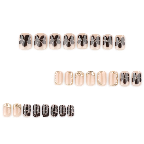 Press On Nails Braun Blume Leopard Print 3D Gold Geprägt Glänzend Kurz Quadratisch Falsche Nägel Für Frauen