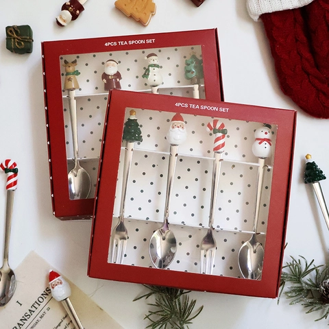 Weihnachts Löffel Und Gabeln Edelstahl Harz Weihnachtsmann Schneemann Baum Dekoration Dessert Geschirr Geschenkbox