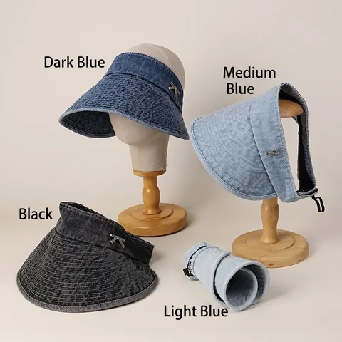 Denim Sun Visor Hat Wide Brim UV Protection Foldable Cotton Retro Empty Top Portable Summer Travel For Women