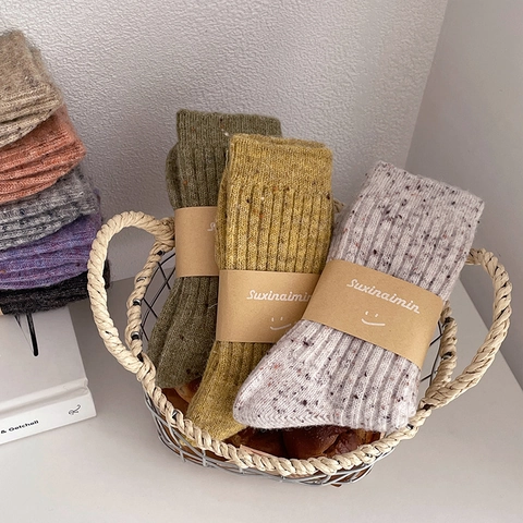 Chaussettes Plissées Femmes Mélange Laine Épaisses Thermiques Chaudes Japonais Rétro Vintage Fil Moucheté Tricot Côtes