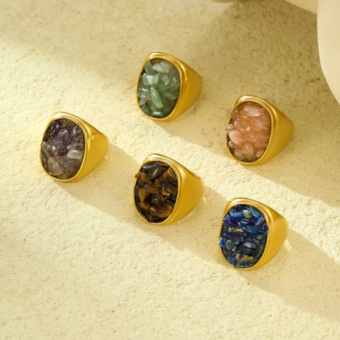 Anello in Acciaio Inossidabile Geometrico Retro con Intarsio in Pietra Naturale per Donna Gioielli alla Moda Placcati Oro