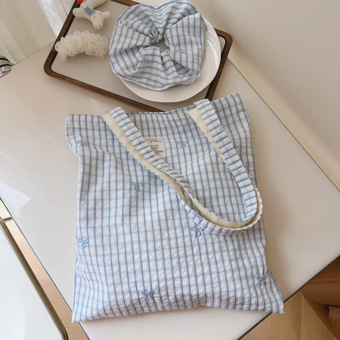 Borsa A Spalla In Cotone A Quadretti Blu Con Ricamo A Fiocco Pochette Per Trucco E Elastico Per Capelli Stile Minimalista Giapponese
