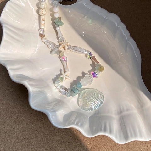 Collar De Cuentas Con Colgante De Concha Y Estrella De Mar Estilo Océano Piedra Natural Acrílico Para Mujer