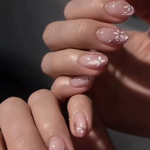 Press On Nägel Weißes Blumenmuster Schimmer Glitzer Oval Rund Künstliche Falsche Nägel Für Damen Ins Stil Elegant