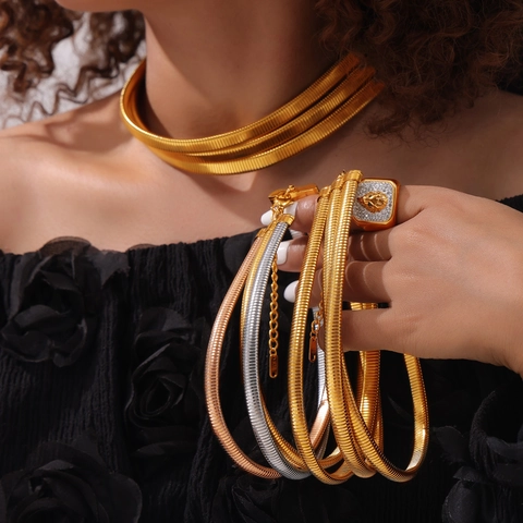 Multilayer Titanium Steel Snake Chain Choker Necklace 18K Gold Plated Flat Snake Bone Texture Personality Fashion Jewelry For Women