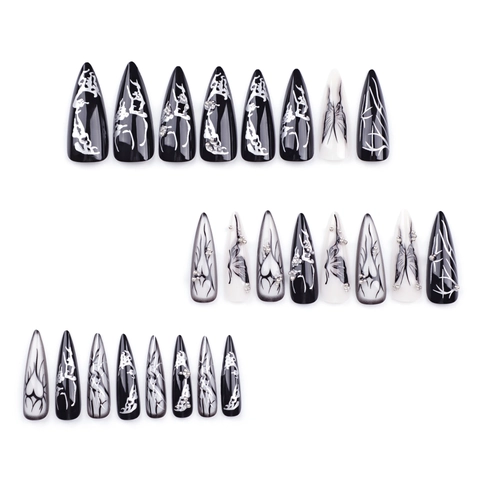 Stiletto Press On Nails Long Black White Butterfly Heart Pattern Metal Beads Gothic Punk False Nails Women Finger Art