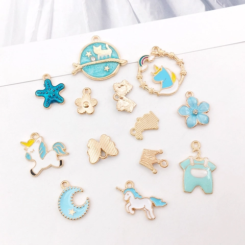 Lake Blue Alloy Enamel Pendants DIY Jewelry Accessories Cartoon Unicorn Mermaid Starfish Charms For Necklace Bracelet Making