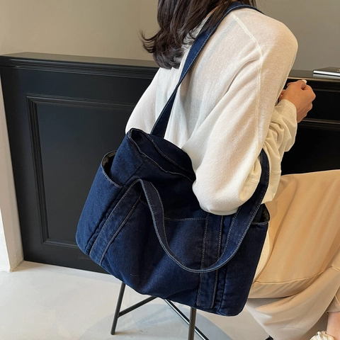 Large Capacity Denim Tote Bag Vintage Washed Multi Pocket Single Shoulder Handbag Casual Streetwear Women