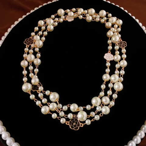 Vintage Camelia Bloem Kunstparel Multi Layer Lange Ketting Elegante Franse Stijl Legering Sieraden Voor Vrouwen