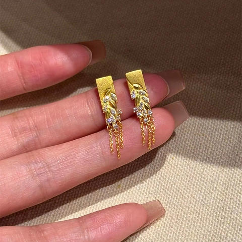 Wheat Ear Tassel Drop Earrings For Women With Zircon Copper Gold Plated And Silver Earring Post Elegant Jewelry