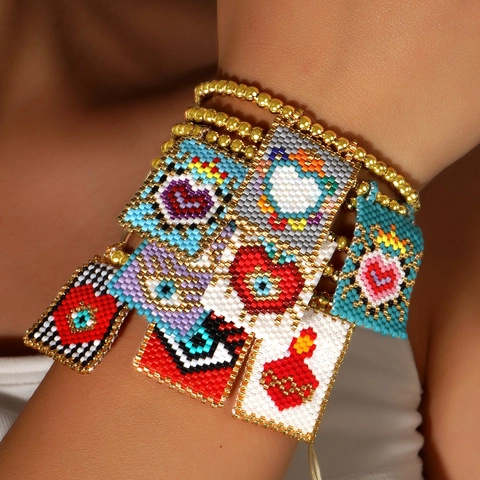Bracciale Di Perline Miyuki Bohémien Per Donna Intrecciato A Mano Regolabile Perlina Dorata Malocchio Cuore Stile Tribal