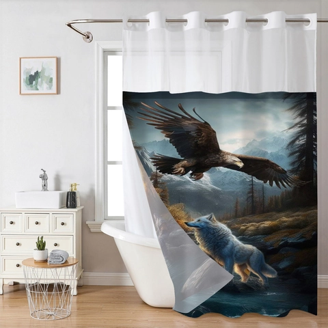 Hookless Shower Curtain Waterproof Polyester Snap In Liner Mesh Top Window Animal Landscape Print Modern Bathroom Decor