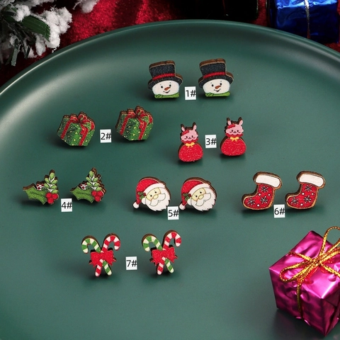 Christmas Stud Earrings Wood Cartoon Santa Claus Snowman Reindeer Festive Holiday Jewelry Gift For Women Girls Cute