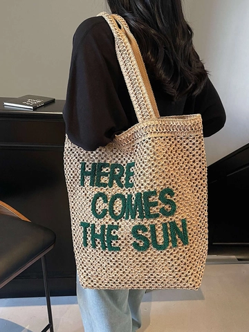 Grote Stro Geweven Tote Tas Voor Vrouwen Zomer Strand Vakantie Handtas Met Brief Borduurwerk Rits Sluiting