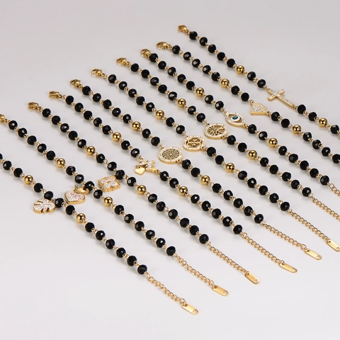 Beaded Bracelet Stainless Steel Black Faceted Beads Tree Of Life Heart Evil Eye Crown Pendants Gold Plated Trendy Jewelry