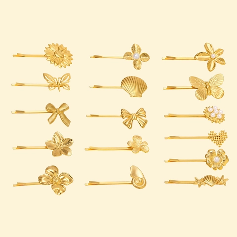 Pinzas Para El Cabello De Acero Inoxidable Para Mujeres Chapado En Oro De 18K Mariposa Flor Concha Estrella De Mar Minimalista Impermeable
