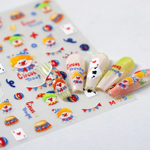 Adesivi Per Unghie In Rilievo 5D Tema Circo Clown Cartone Animato Decalcomanie Autoadesive Goffrate Per Decorazione Manicure Fai-Da-Te