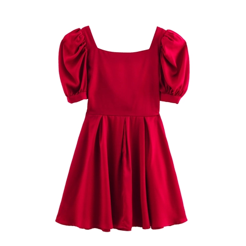 Square Neck Puff Sleeve Mini Kleid Gerafftes Weinrot Satin Süß Hohe Taille A-Linie Prinzessinnen Stil Damen