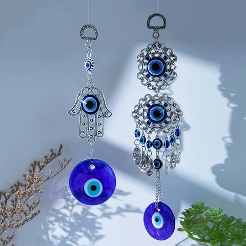 Evil Eye Hamsa Hand Hängedekoration Türkisches Nazar Schutzamulett Legierung Glas Wanddekor Blau Silber Ethnisch