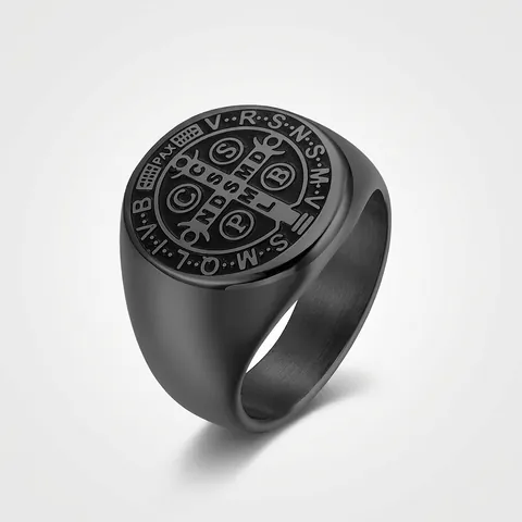 Anello Sigillo Medaglia San Benedetto Acciaio Inossidabile Religioso Croce Esorcista Retro Gioielli Per Uomo