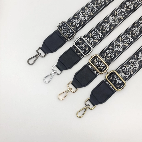 Ethnic Style Bag Strap Wide Adjustable Shoulder Strap Floral Jacquard Crossbody Bag Accessories Replacement For Women Polyester PU Leather