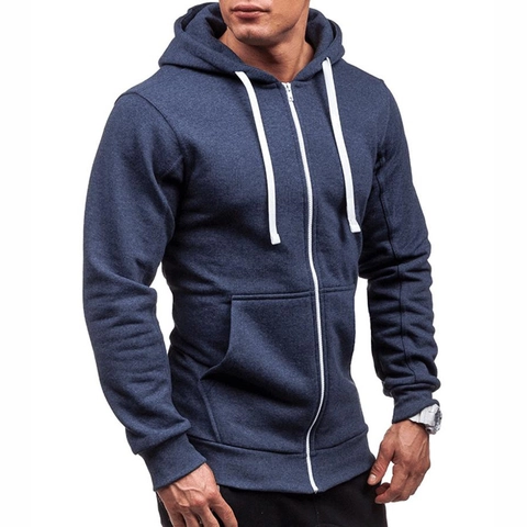 Men Casual Full Zip Hoodie Solid Color Polyester Long Sleeve Sweatshirt Loose Fashion Sporty Hooded Jacket Top For Spring Autumn