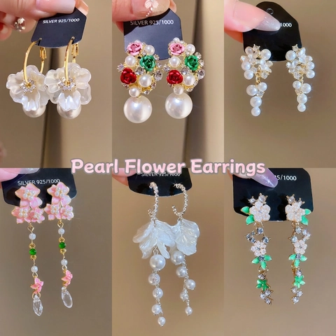 Floral Artificial Pearl Drop Earrings With 925 Sterling Silver Earring Post Alloy Rhinestone Flower Sweet Elegant Vacation Style For Women
