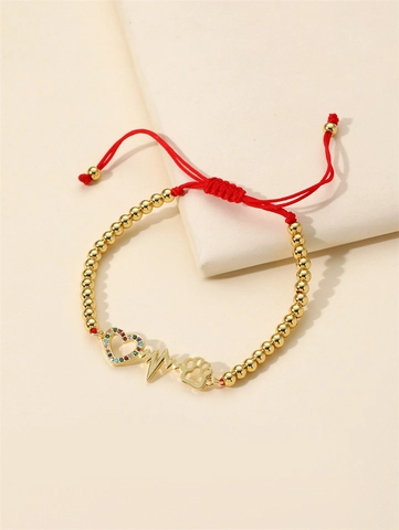 Bracciale Cuore Zirconia Colorata Con Ciondolo ECG E Impronta Di Zampa Corda Intrecciata Rossa Perle Di Rame Regolabili Gioielli