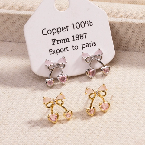 Cherry Stud Earrings Copper With Pink Heart Zircon Bow Sweet Romantic Jewelry Gift For Women