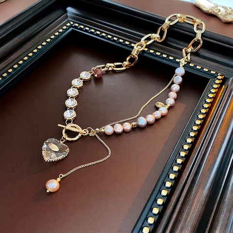 Collar Con Colgante De Corazón Elegante Con Perlas De Agua Dulce Y Cristal De Strass Cadena De Eslabones Joyería Asimétrica