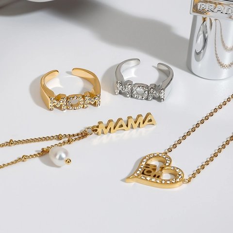 Mother's Day Stainless Steel Jewelry Set For Women Rhinestone MOM Heart Pendant Necklace MAMA Letter Artificial Pearl Necklace Adjustable Open Ring Gift