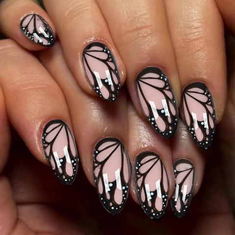 Press On Nails Vlindervleugelpatroon Lange Amandelvorm Roze En Zwart Volledige Dekking Kunstnagels Voor Dames