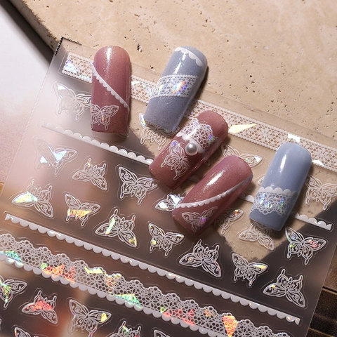 Butterfly Nail Art Stickers 3D Relief Lace Laser Holographic Self Adhesive PET Decals For Women Manicure Decoration