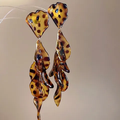 Orecchini Lunghi Con Nappine Stampa Leopardata Petali Di Fiori Con Perno In Argento Sterling 925 Gioielli In Acrilico Vintage Donna