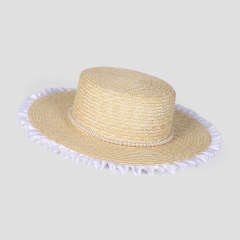 Sombrero De Paja Boater Para Mujer Con Borde De Encaje Blanco Perla Artificial Vintage Protección Solar Vacaciones Playa