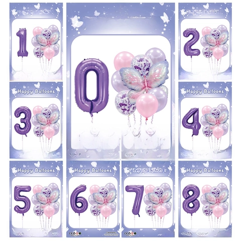 Butterfly Number Balloon Aluminum Film Latex Decoration Birthday Party Pink Purple Gradient Dreamy Kids Girl Anniversary