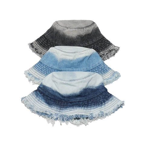 Washed Cotton Denim Bucket Hat Gradient Color Frayed Fringed Edge Vintage Casual Sun Protection For Women