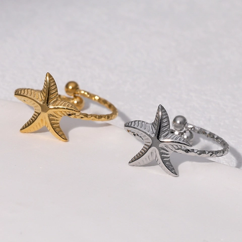 Anillo Abierto Estrella De Mar Acero Inoxidable Chapado En Oro 18K Ajustable Textura Martillada Joyería Océano Minimalista Mujeres