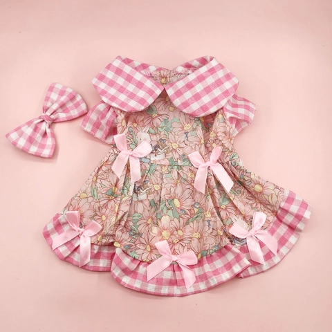Rosa Kariertes Haustierkleid Im Lolita-Stil Mit Passender Kopfschleife Süßes Baumwollkleid Für Welpen Und Katzen Sommerbekleidung