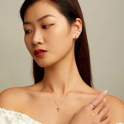 925 Sterling Silver Jewelry Set Women Turquoise Zirconia Cross Sun Evil Eye Stud Earrings Ring Necklace Vintage Fashion Jewelry