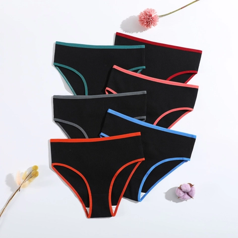Women Cotton Ribbed Panties High Waist Breathable Contrast Color Binding Underwear Briefs With Double Layer Crotch