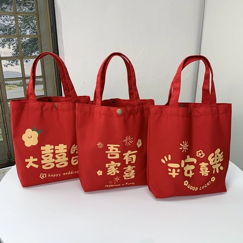 Borsa Tote In Tela Rossa Stile Cinese Regalo Di Nozze Borsa A Mano Stampata Shopping Pouch Per Occasioni Festive