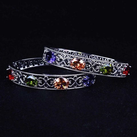 Bracelet Jonc Filigrane Évidé Vintage Cuivre Argenté Multicolore Tourmaline Artificielle Ovale Pour Femmes