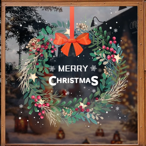 Christmas Wreath Window Sticker Static Cling PVC Reusable Glass Door Decal Merry Christmas Garland Design For Holiday Decor