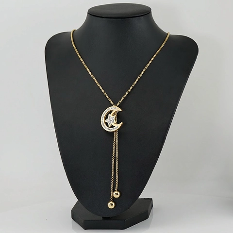 Donna Collana Lunga Per Maglione Acciaio Inossidabile Placcato Oro 18K Strass Geometrico Stella Luna Love Regolabile Tendenza