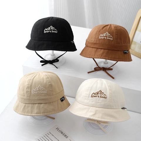Cappello Alla Pescatora In Cotone Per Bambini Protezione Solare Tesa Larga Campeggio All'aperto Cinturino Regolabile Ricamo Montagna