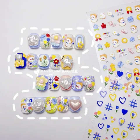 Autocollants Nail Art Gaufrés 5D Relief 3D Auto-adhésifs Motif Canard Dessin Animé Fleur Style Japonais Manucure